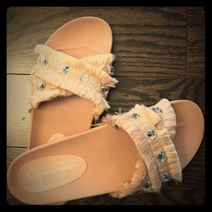 J. Simpson slides-Vintage pink, fringe & jewels